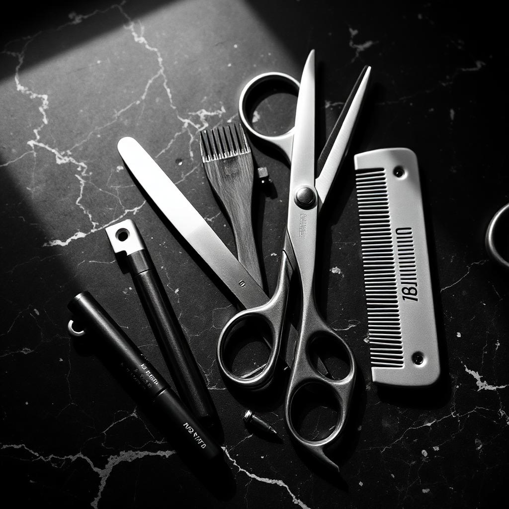 Barber's tools laid out on dark marble