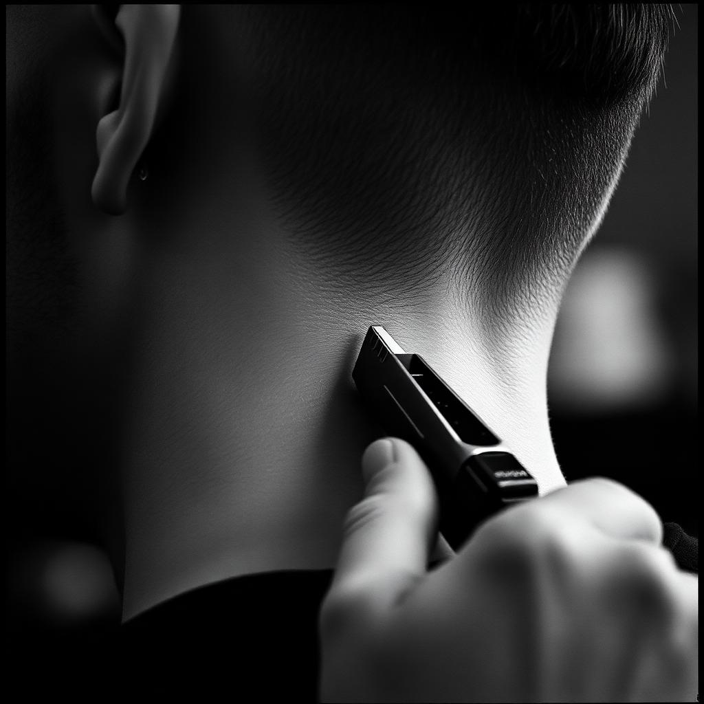 Close-up of a skin fade at the nape, dramatic side lighting