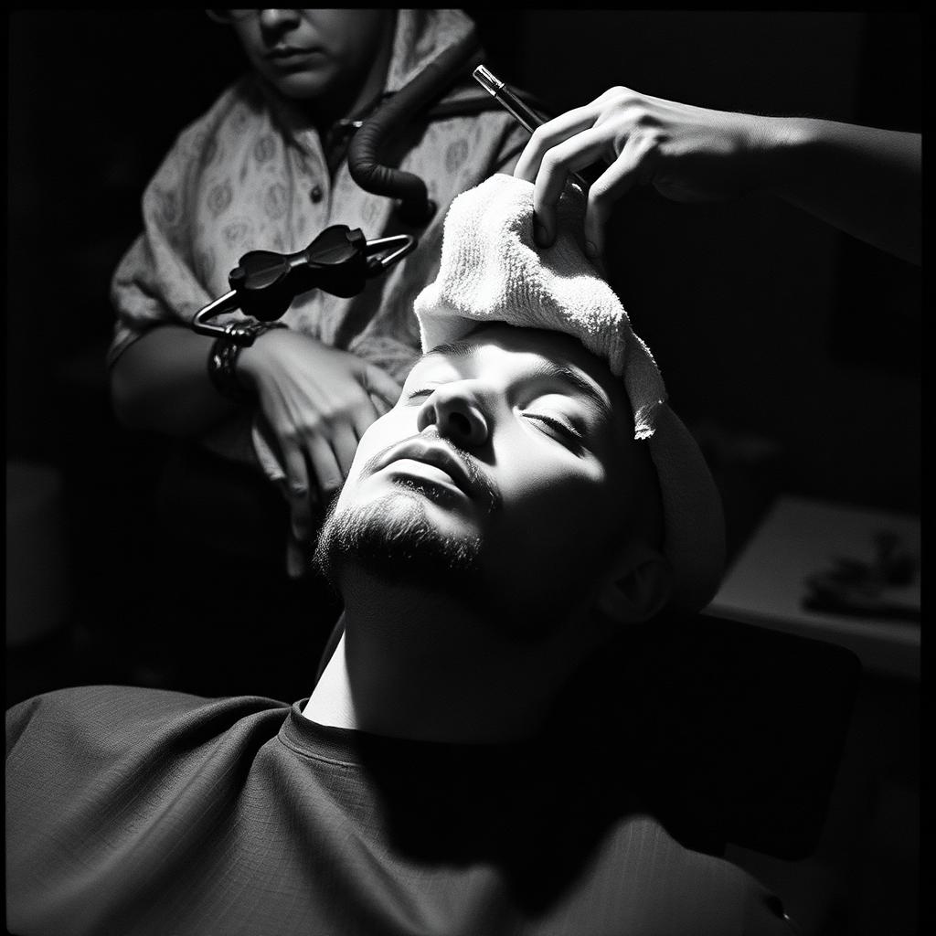 Hot towel applied to the face in a barber chair