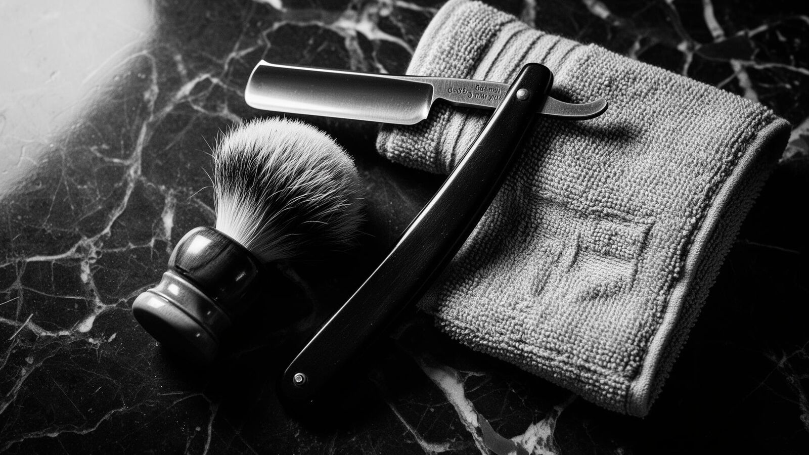 Vintage straight razor, badger brush and hot towel on dark marble